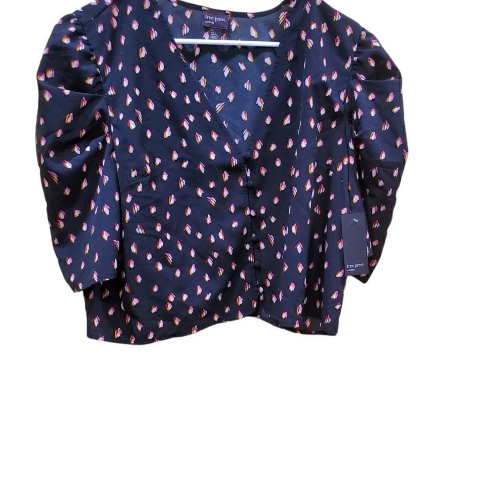 Free Press NWT Puff Sleeve Floral Crop Top XXL Black Pink - Picture 2 of 9